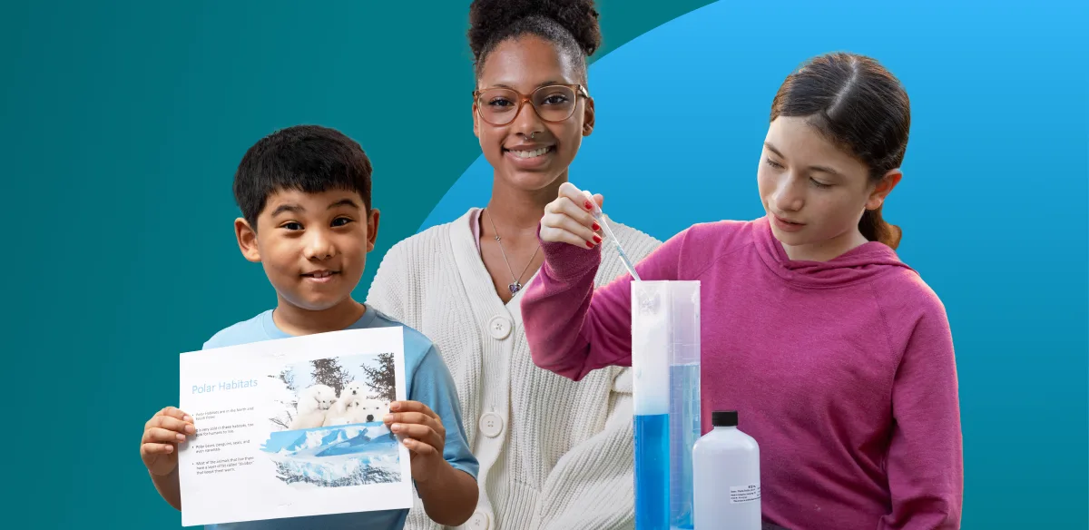 Student holding a papel, girl smiling and a girl working on a science project