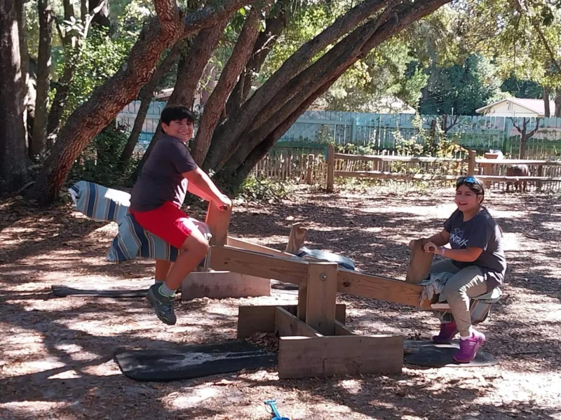 Two children playing on a seesaw in a sunlit park